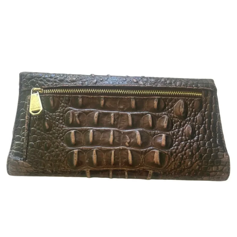Brahmin Melbourne Pecan Croc Embossed Leather Checkbook Wallet Brown